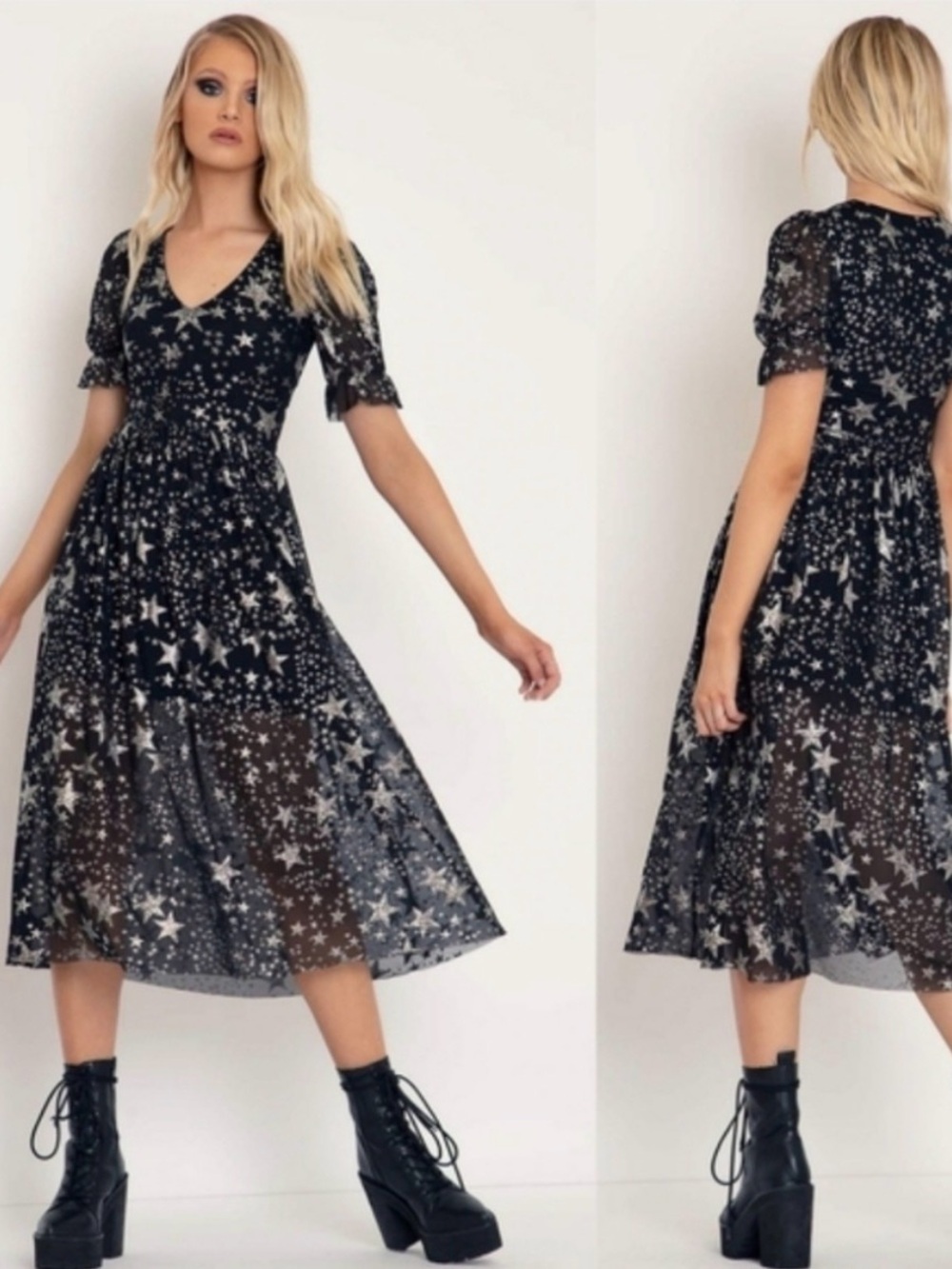 BlackMilk Stars Corrupted Stellar Midi Dress Black Mesh Silver Stars in Small